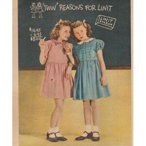 1947 Linit Laundry Starch Vintage Print Ad Twin Girls Dresses Mid Century Decor